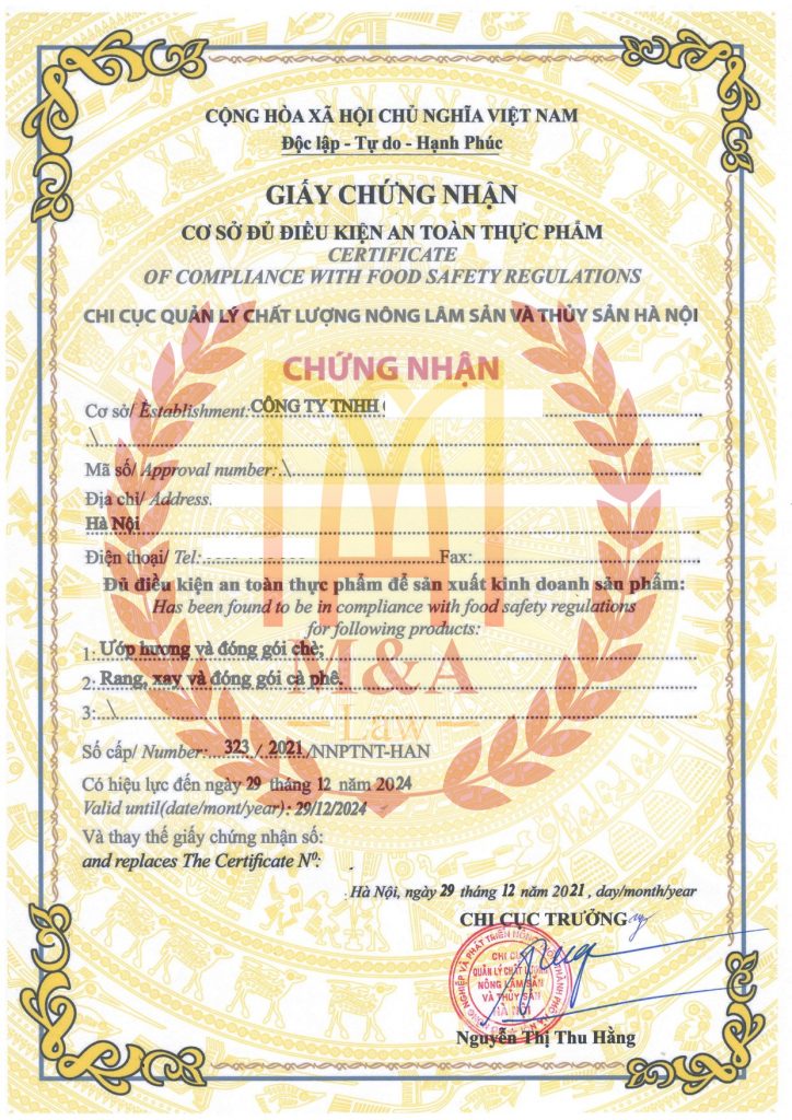 giấy chứng nhận cơ sở đủ điều kiện an toàn thực phẩm